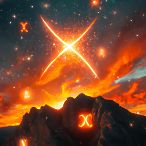 An image showcasing a vibrant, fiery sunset over a rugged mountain peak, where an Aries constellation gleams brightly in the starry sky, symbolizing the irresistible allure and captivating energy of Aries individuals