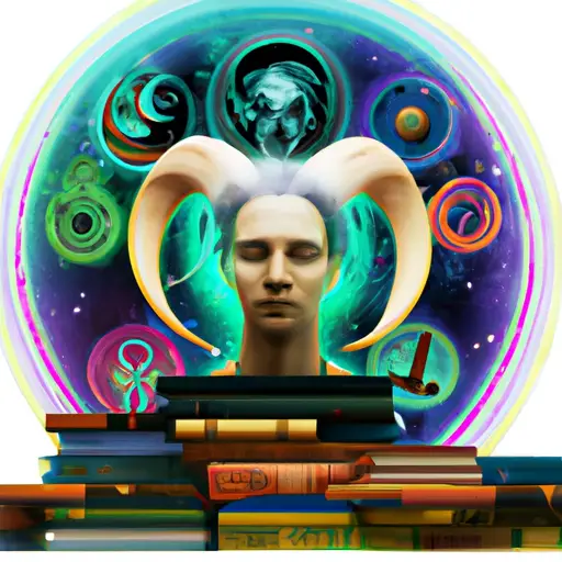 An image showcasing an Aries effortlessly absorbing knowledge from a multitude of sources, their intense gaze fixed on a stack of books, while a radiant halo of information encircles their head