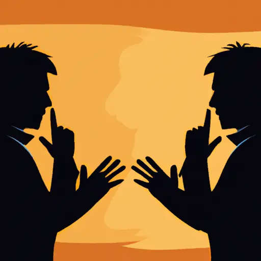 An image showcasing two silhouetted figures engaged in a conversation, their bodies turned towards each other, one with crossed arms and the other with a hand on their chest, symbolizing the struggle for trust and open communication