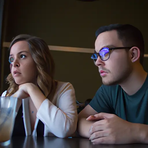 An image capturing a woman and a man seated at a coffee shop table, their eyes locked in an intense gaze