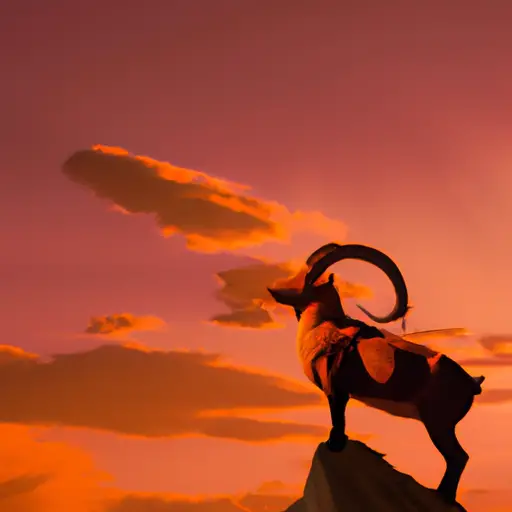 An image showcasing a majestic mountain goat standing proudly atop a towering cliff, silhouetted against a vivid sunset sky