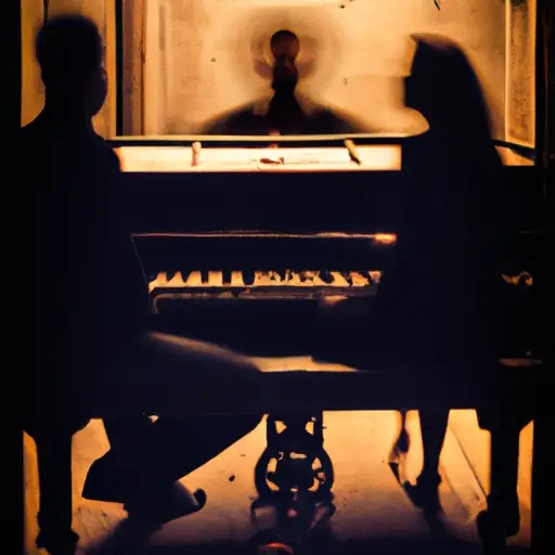 an image capturing a solitary figure, bathed in dim lamplight, pouring their heart into a soulful melody on a weathered piano, while their partner's silhouette fades away into the shadowy background