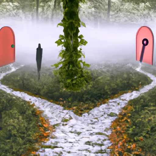 An image of a person standing at a fork in a misty forest, one path leading to a locked door symbolizing unresolved issues, while the other leads to a tranquil garden symbolizing acceptance and moving forward