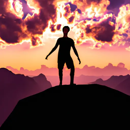 Design an image showcasing a person standing tall on a mountain peak, basking in golden sunlight