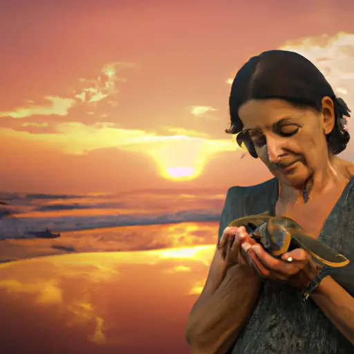 An image showcasing a serene beach at sunset, with a Cancer woman gently cradling a baby sea turtle in her hands