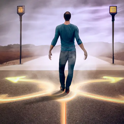An image showcasing a Libra man standing at a crossroads, torn between two paths