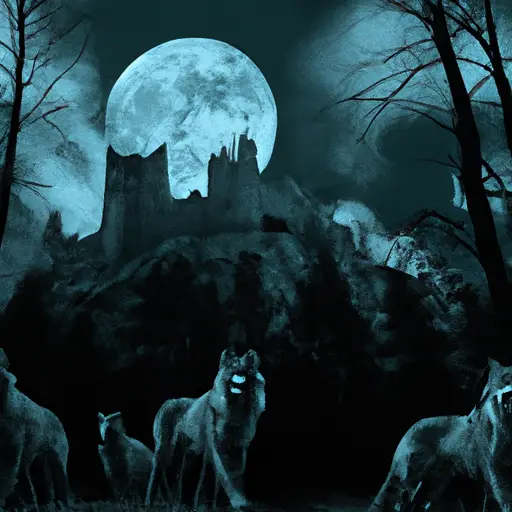 An image showcasing the historical significance of wolves: A moonlit forest with an ancient castle in the background; a pack of wolves roaming freely, their piercing eyes reflecting the power and mystery embedded within their presence