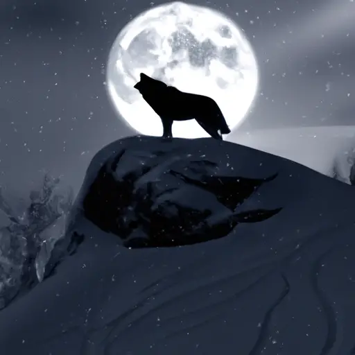 An image depicting a majestic silhouette of a lone wolf standing atop a snow-covered cliff, under a mesmerizing full moon