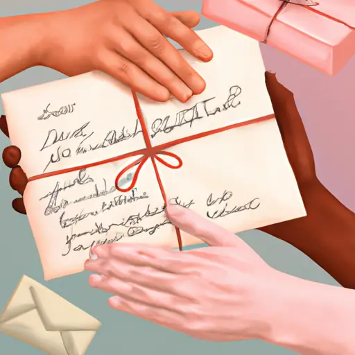 An image showcasing a pair of hands exchanging a handwritten love letter, a beautifully wrapped gift, and a warm embrace, representing the five love languages