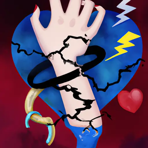 An image showcasing a person with their zodiac sign symbol tattooed on their wrist, desperately clutching onto a shattered heart, surrounded by a trail of broken relationships and a looming cloud of emotional chaos