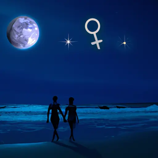 An image featuring a couple strolling along a moonlit beach, with Venus and Neptune prominently shining in the sky