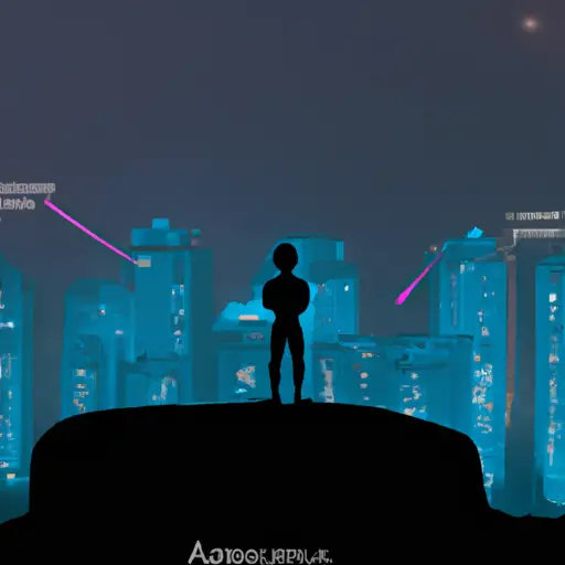 An image showcasing an Aquarius, independent and aloof, standing on a hill overlooking a vibrant cityscape