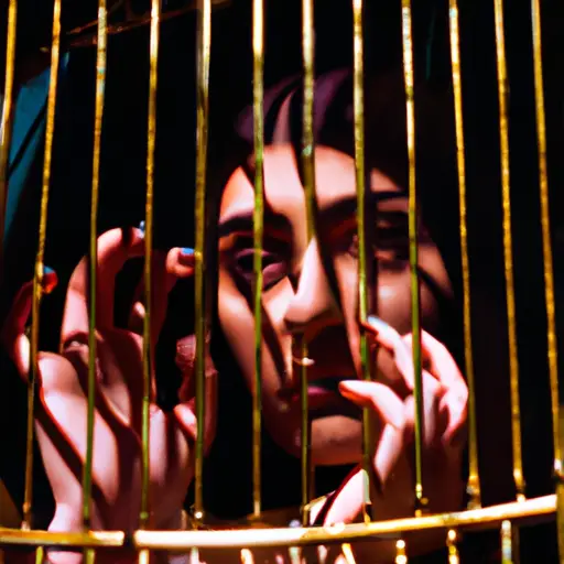 An image showcasing a woman confined within the confines of a golden cage, symbolizing societal pressures and expectations