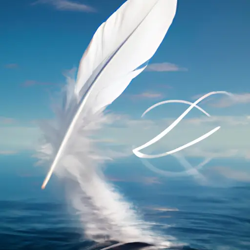 An image featuring a majestic white feather floating gently above a vibrant blue ocean, mirroring the clear sky above