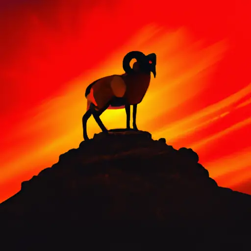 An image showcasing a confident Aries, symbolized by a ram, standing atop a mountain peak, basking in the fiery glow of a blazing sunset; radiating determination, leadership, and unyielding energy