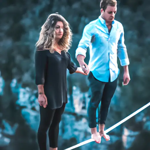 An image showcasing two people holding hands on a tightrope, suspended high above a vast abyss