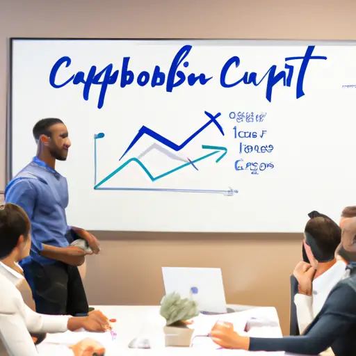 An image showcasing a focused Capricorn entrepreneur confidently leading a team meeting in a sleek, modern office space, surrounded by charts, graphs, and a whiteboard filled with ambitious goals and strategies