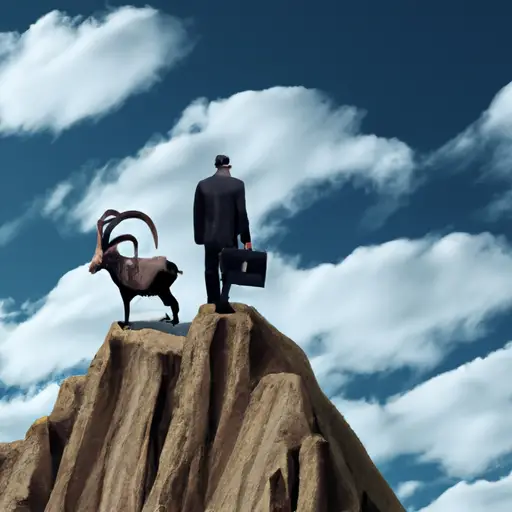 An image showcasing a determined Capricorn scaling a mountain peak, dressed in a sleek business suit, confidently holding a briefcase, with their ambitious gaze fixed on the horizon