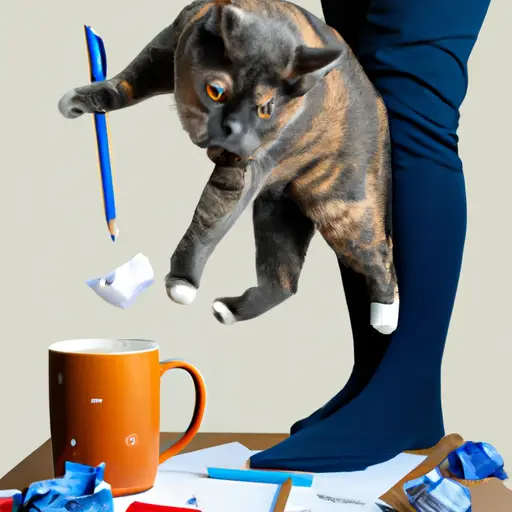 An image showcasing a comical scene: a perplexed office worker wearing mismatched socks, struggling to balance a towering stack of paperwork while attempting to sip coffee, as a mischievous cat nonchalantly swipes a pen