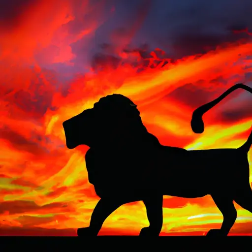 An image showcasing a fiery lion's majestic silhouette against a vibrant sunset backdrop, evoking the Leo zodiac sign's dominant and confident personality