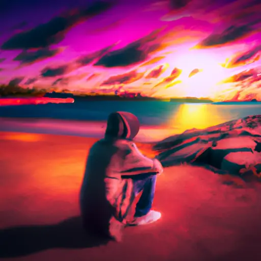 An image showcasing a solitary figure, sitting on a deserted beach, gazing at a fiery sunset
