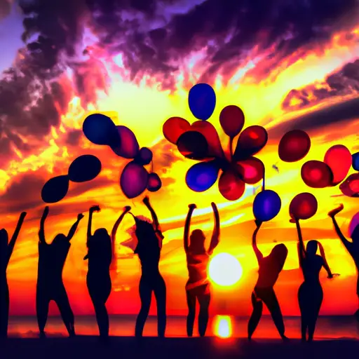 An image showcasing vibrant silhouettes of carefree individuals dancing beneath a radiant sunset