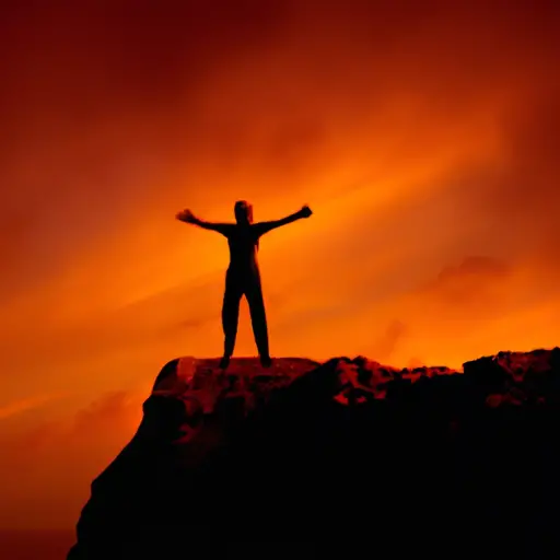 An image of a lone figure standing on a cliff, silhouetted against a vibrant sunset, with arms outstretched and a look of determination, symbolizing resilience and hope in the face of heartbreak