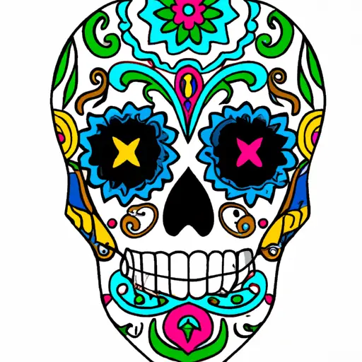 An image depicting a vibrant sugar skull tattoo design with intricate floral patterns and colorful details, showcasing the evolution of sugar skull tattoos throughout history