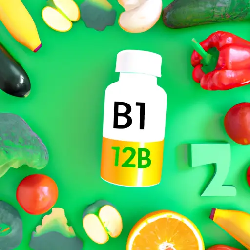 An image showcasing a vibrant, leafy green background with a bottle of Vitamin B12 supplements prominently displayed in the center, surrounded by a variety of fresh fruits and vegetables