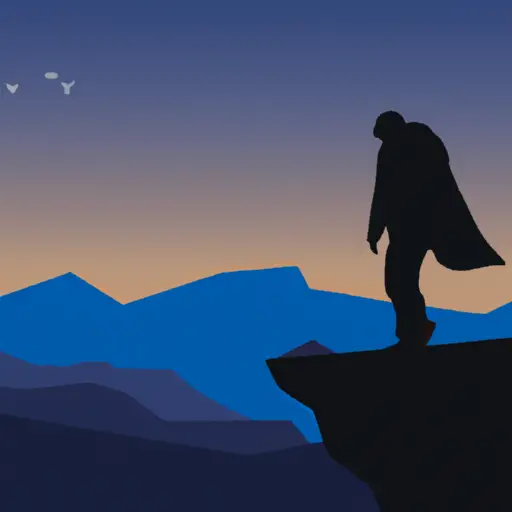 An image depicting a lonely figure standing atop a desolate mountain peak, their expressionless face turned away from a vibrant sunset