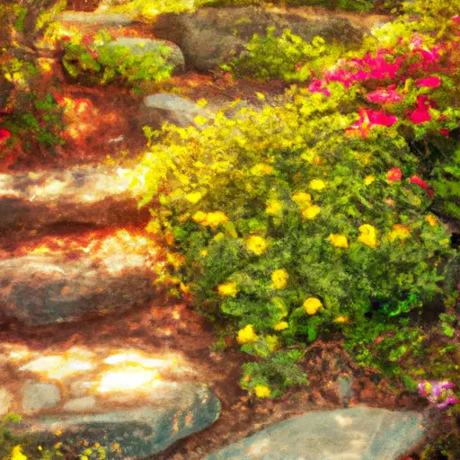 An image that portrays a serene, sunlit garden with vibrant flowers blooming amidst a variety of weathered stones