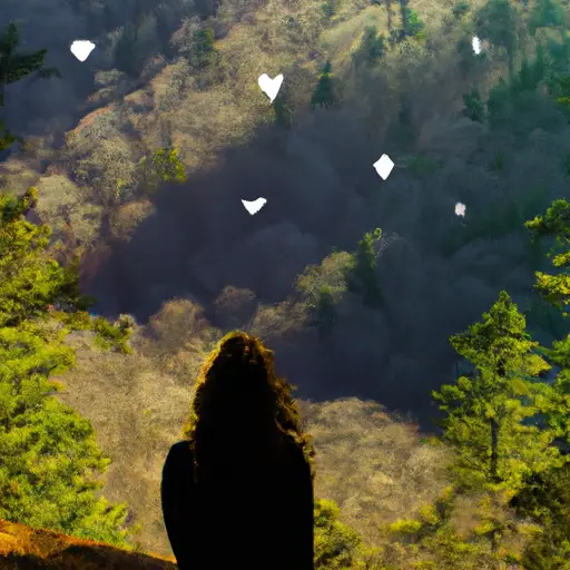 Create an image showcasing a person staring at a vast, enchanting forest from the edge of a cliff, their back turned towards the viewer