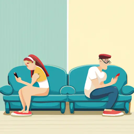 An image depicting a couple sitting on opposite ends of a sofa, absorbed in their smartphones, with tense body language and a visible disconnect between them