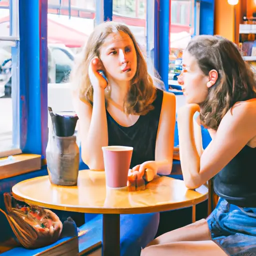 An image of two friends sitting at a coffee shop, one engrossed in conversation while the other looks uncomfortable, eyes darting around