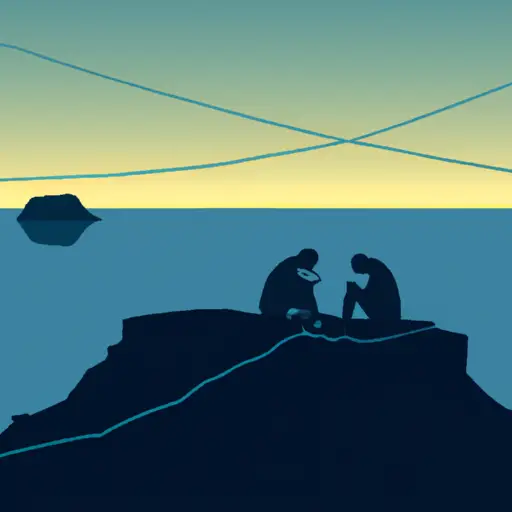 An image featuring two silhouettes sitting back-to-back on a fragmented, desolate island