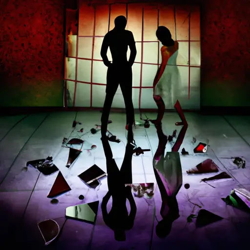 An image depicting a couple standing in a dimly lit room, their intertwined shadows looming large
