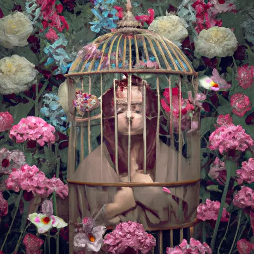 An image that depicts a person standing in a beautifully adorned birdcage, surrounded by vibrant flowers, symbolizing emotional manipulation