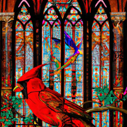 An image depicting a grand cathedral from the Renaissance era, adorned with vibrant stained glass windows, where a red cardinal perches majestically on a marble pillar, highlighting the historical significance of these birds