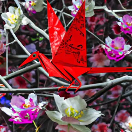 An image showcasing a vibrant red cardinal perched on a cherry blossom branch, surrounded by traditional Japanese origami cranes, signifying harmony and good fortune