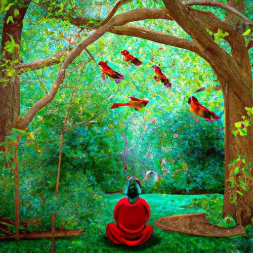 An image depicting a serene garden scene, with a person in deep meditation surrounded by vibrant red cardinals perched on tree branches, portraying the profound spiritual connection and divine guidance associated with encountering red cardinals