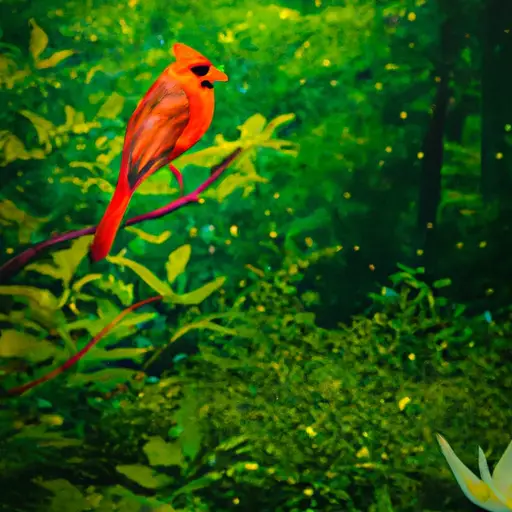 An image depicting a serene garden scene at dawn, with a vibrant red cardinal perched on a branch, its vibrant feathers contrasting against lush greenery