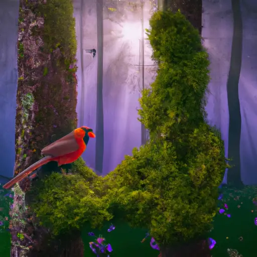 An image capturing the ethereal atmosphere of a misty forest at dawn, with a vibrant red cardinal perched on a moss-covered branch, radiating warmth and mystery amidst the tranquil surroundings