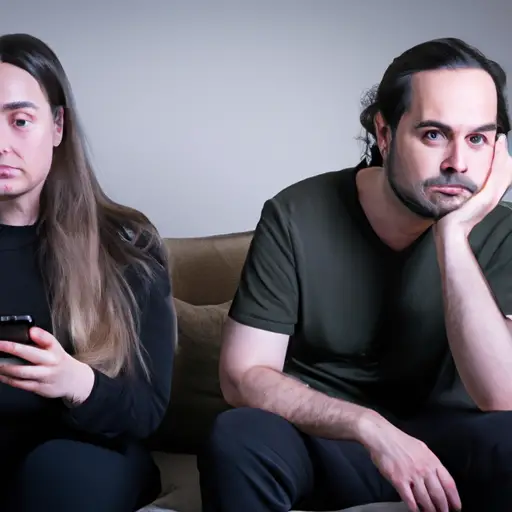 An image capturing a couple sitting on a couch, with one partner engrossed in their phone while the other looks on with a concerned expression