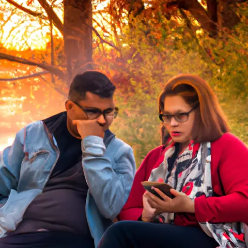 An image that portrays a couple sitting on a park bench at sunset, facing away from each other, with one partner holding their phone