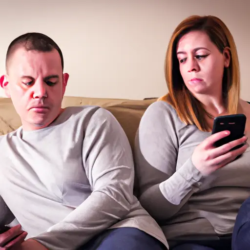 An image showcasing a couple sitting side by side on a couch, with one partner engrossed in their phone while the other looks frustrated, emphasizing the disconnect caused by phone addiction