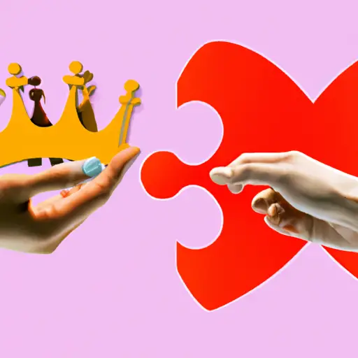 An image portraying two intertwined hands, one adorned with a crown and the other with a broken heart-shaped puzzle piece, symbolizing the detrimental impact of expecting perfection from your partner on a healthy and happy relationship