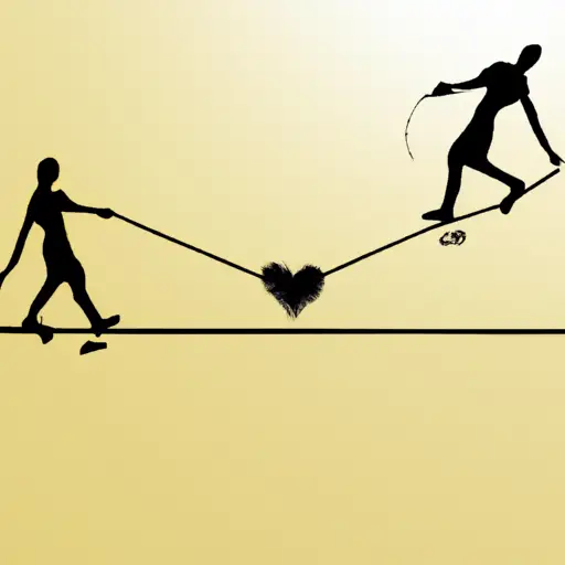 An image showcasing a person standing on a tightrope, with one end tied to their partner's hand and the other end tied to their own heart