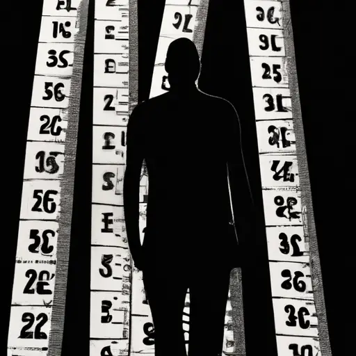 An image featuring a towering silhouette of a man, surrounded by measuring tapes and scales, symbolizing the global pressure on male height