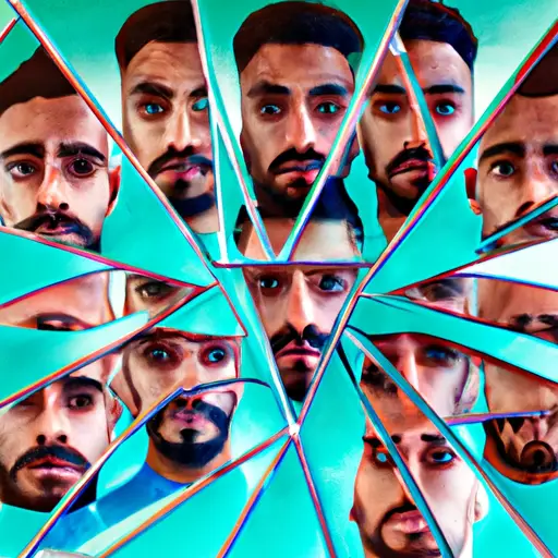 An image depicting a shattered mirror reflecting diverse male faces from different cultures, as a symbol of the damaging impact of global male beauty standards on mental health