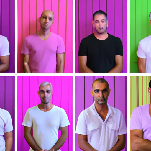 An image depicting a diverse array of men from different cultures, each showcasing the struggles of conforming to their respective society's beauty standards, highlighting their emotions through facial expressions and body language